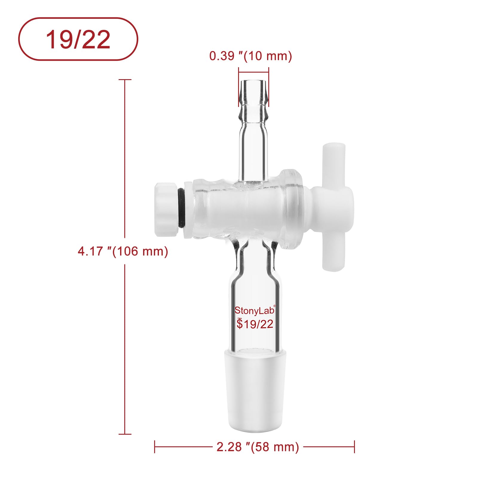 stonylab Adattatore per Vetro, Adattatore per il Controllo del Flusso del Vuoto in Vetro Borosilicato con Rubinetto in PTFE, Giunto 19/22 e Collegamento del Tubo Dritto Vetreria da Laboratorio
