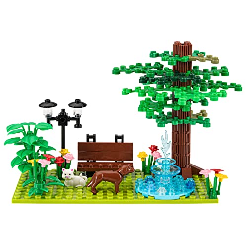 Custom Toys & Hobbies Inc 11 Pcs Building Bricks Toys City Town Village Park Relaxing Outdoor Garden Waterfall Tree Dog Cat Bench Flowers Plant & Lights Kids 4+ Ages Plastic