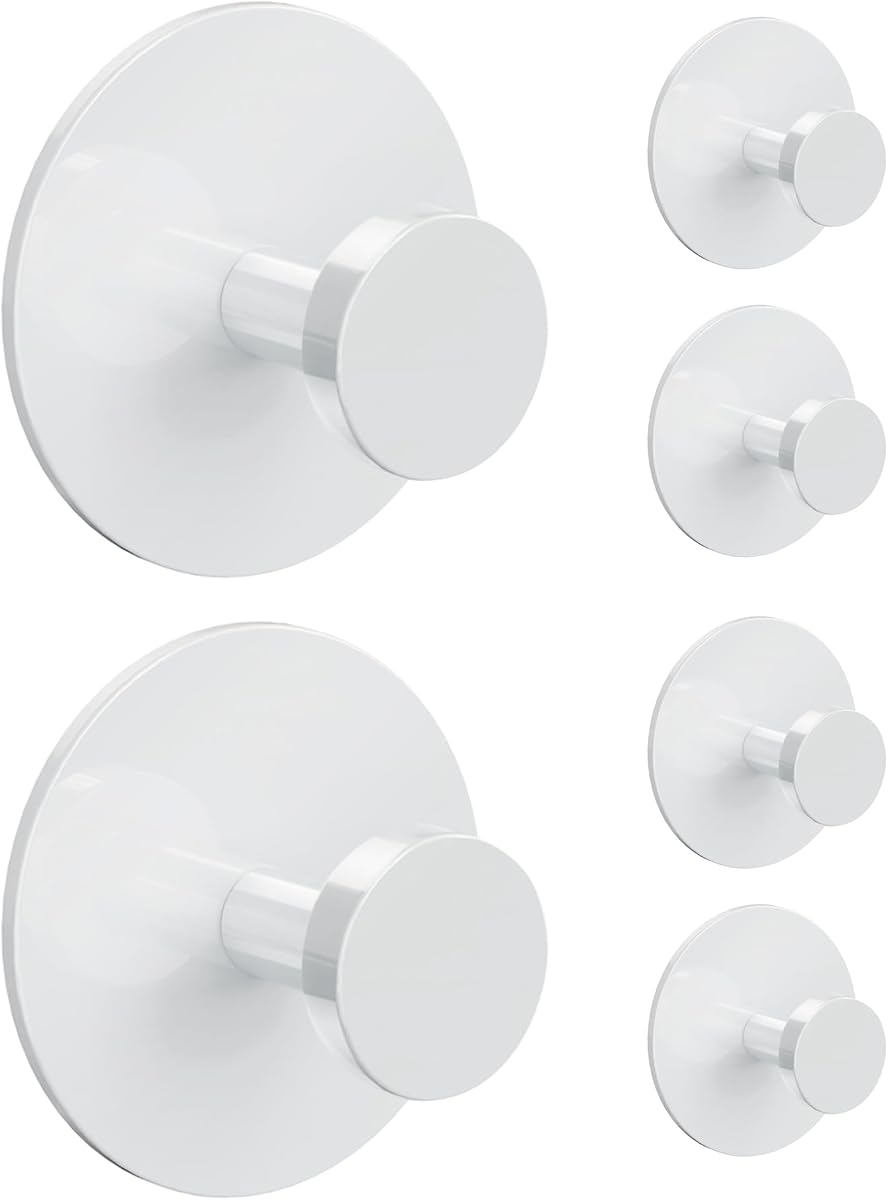 Gancho de pared adhesivo blanco para abrigo y toalla: extra pegajoso 12 LB (máximo), colgador de soporte para puerta de perchero de acero inoxidable, paquete de 6 resistentes