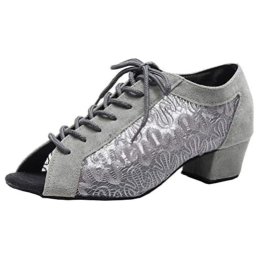 Zapatos de baile con cordones para mujer, puntera abierta, sala de baile latino, práctica social, salsa, cha-cha, tacón personalizado, cómodo, suela suave, tango, ligero, encaje ventilado, gris, 37 EU