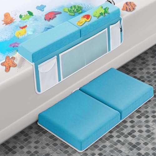 Image of Supa Ant Baby Bath Kneeler and Elbow Rest Pad Set - The Only Certified Extra Thick Bathtub Kneeler with Built-in 5 Pockets Organizer - Bath Kneeling Pad for Bathing Baby with 8-Suction Cups (Blue)