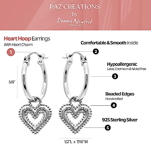 925 Sterling Silver Heart Hoop Earrings with Heart Charm, Hypoallergenic Hoop Earrings for Girls and Women, Dainty Earrings, Trendy Jewelry by Paz Creations, Gold/Rose Gold/Silver Charm3