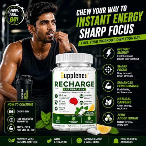 Image of Caffeine Energy Gum with L-Theanine and Taurine for Focus, Memory & Alertness | Zero Added Sugar Chewing Gum | Mint Flavor | 30 Gums