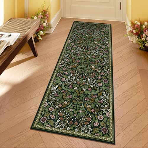Moynesa Küchenläufer mit Blumenmuster, waschbar, Läufer für Flur, rutschfest, grün, weich, für Badezimmer, Boho, ultradünn, botanischer Überwurf, für Waschküche, Eingangsbereich, Grün