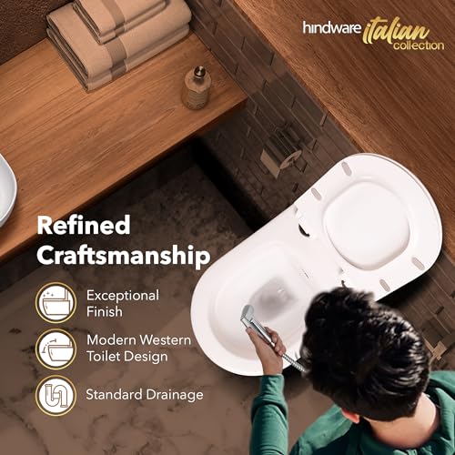 Image of Hindware Italian Collection Splendor Neo Western Commode for Bathroom|Made of Ceramic|Dual Flushing Water Saving|Duroplast Seat Cover|Rimless|Soft Close|Star White|Geometric Shape|Wall Mount