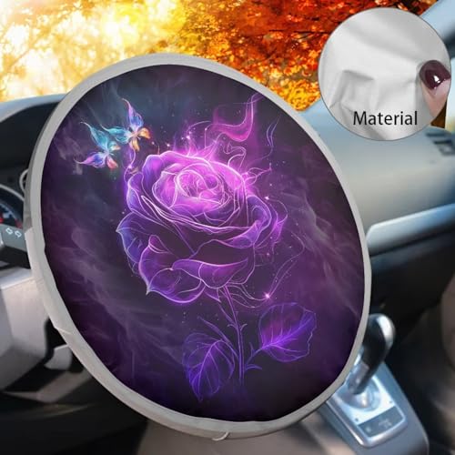 Image of Purple Rose Steering Wheel Sunshade Cover Anti Slip Car Interior Accessories for Sun Heat Car Interior Sunshade Easy Installation Universal Fit Most Cars Women