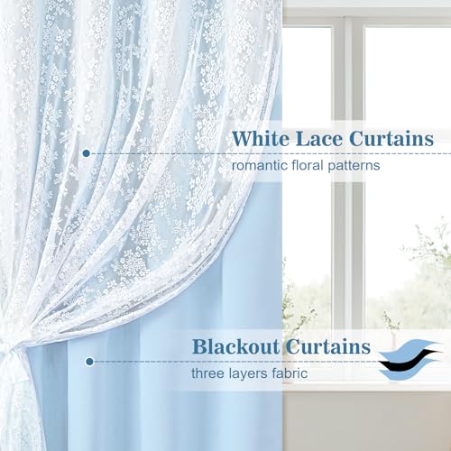 Image of Yinhua Blue Kitchen Curtains 36 Inch Length Double Layer Blackout Cafe Curtains with Floral Sheer Overlay Rod Pocket Short Curtain for Windows, Small Window Curtain for Bathroom, Living Room, 2 Panels