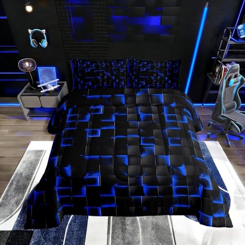 Image of Erosebridal Neon Black Blue Boys Comforter Set Toddler Size Geometric Checkered Kids Bedding Set Teen Men Gaming Room Decor,Abstract Ombre Plaid Comforter Grids Quilt Duvet