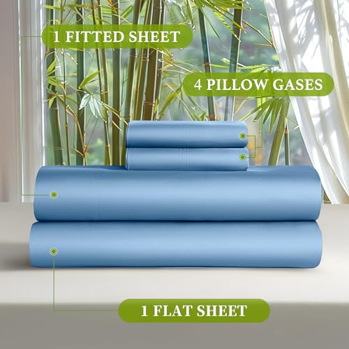 Shilucheng 100% Viscose Derived from Bamboo_ Sheets Cal King Size 6pcs - Ultra Cooling & Silky Soft Bed Sheets, 16" Deep Pocket, Perfect for Hot Sleepers, Hotel Bedding Sheets (Lake Blue)