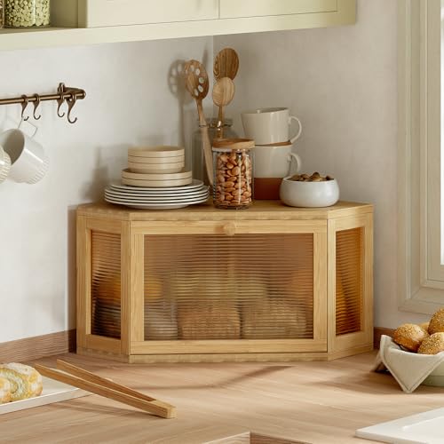 Image of WOWLIVE Corner Bread Box for Kitchen Countertop, Bamboo Bread Storage Container, Large Farmhouse Bread Holder with Acrylic Wavy Door Panel, Multi-functional Container, Natural