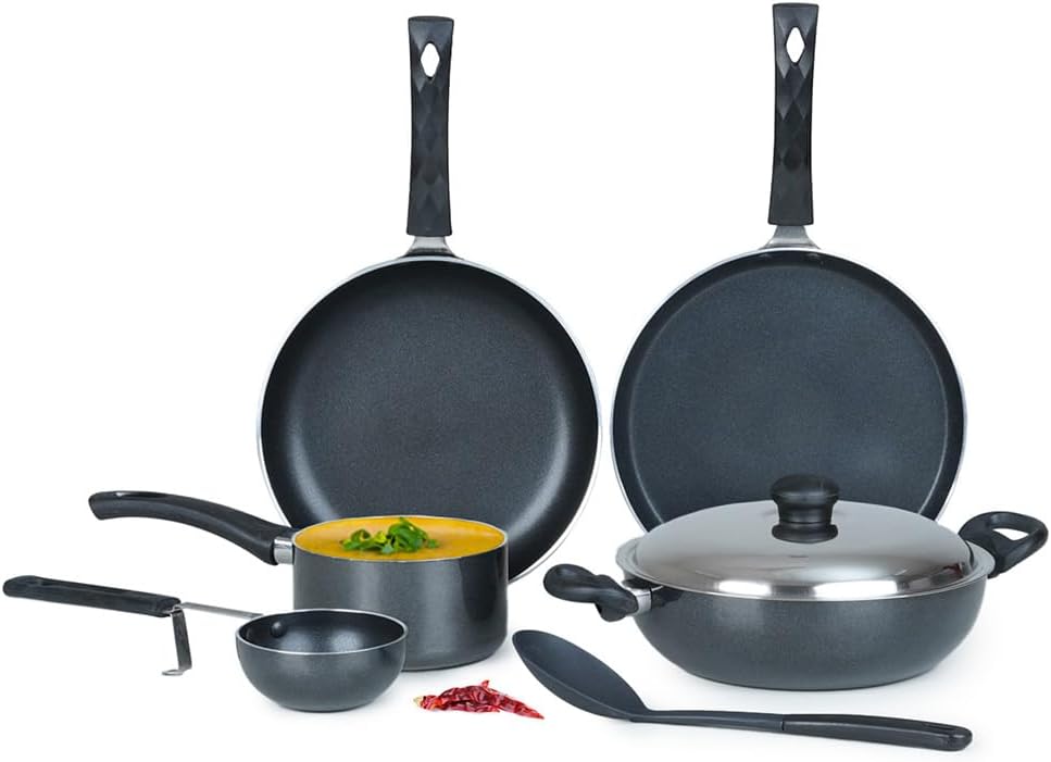 Kreme Nonstick Cookware Set Combo 7Pcs (Non Induction) - Black