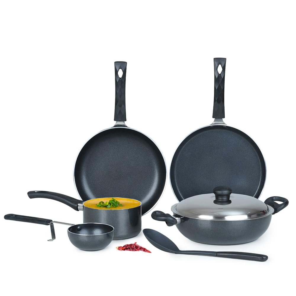 Kreme Nonstick Cookware Set Combo 7Pcs (Non Induction) - Black