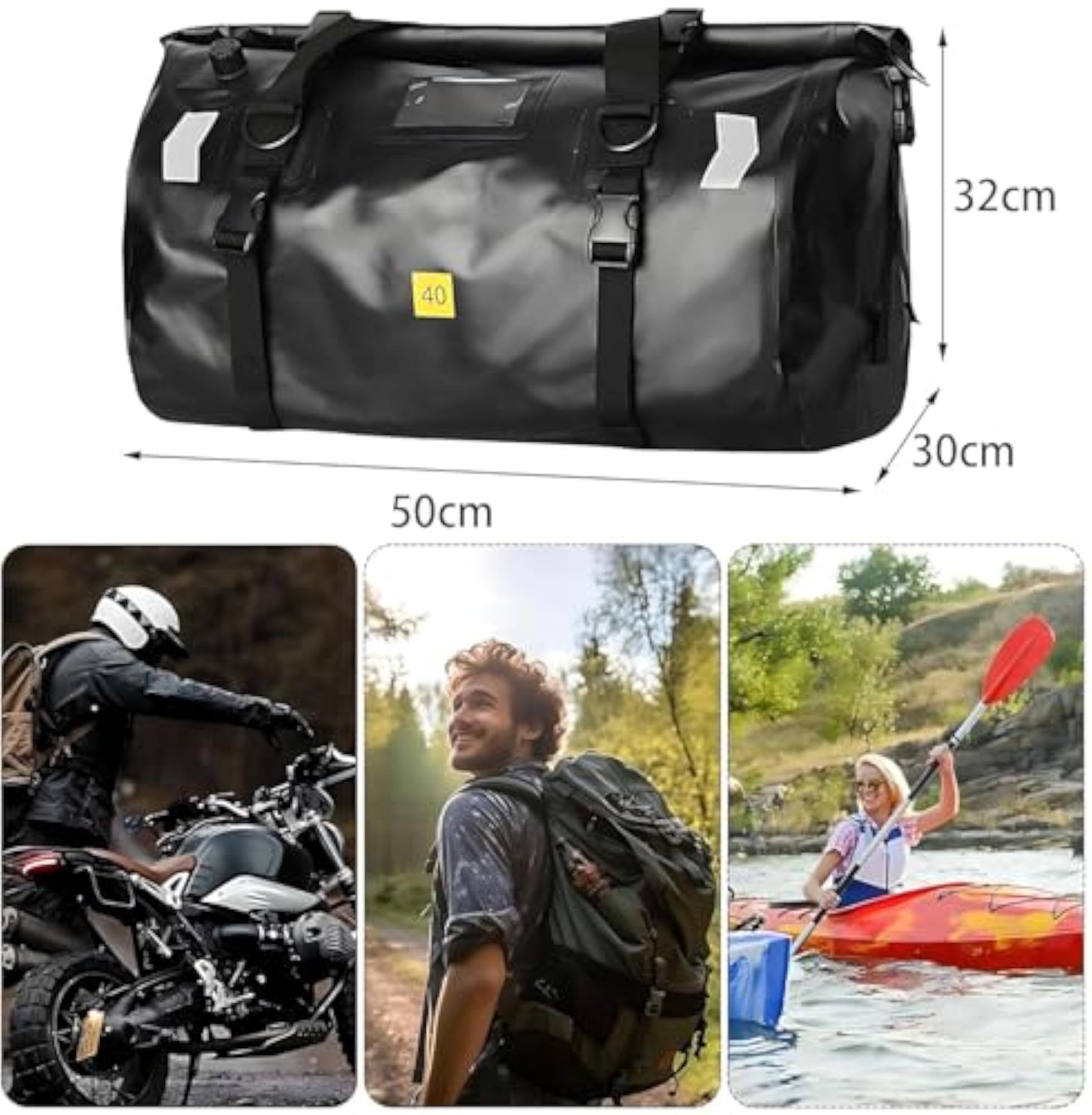 40L Waterproof Motorcycle Duffel Bag, Roll Top Dry Bag
