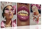 Framed Pink Black Girl Wall Art Set of 3 Luxury Bling African American Woman Canvas Prints with Crown Grillz Jewelry Fashion Hip Hop Glam Room Decor for Girls Bedroom Living Room Bathroom12x16in