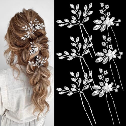 6 Pieces Bride Hair Pins Rhinestones Hair Accessories for Women Bride Hair Accessories for Wedding Crystal Wedding Hair Piece for Bride Women Girls Bridesmaids(Silver)