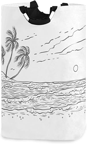 Cesto de lavandería con asa para dibujar en la costa de la playa, palmera de la playa, cestas de lavandería, cesta plegable para ropa sucia,