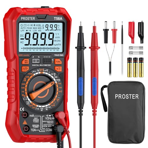 Proster Digital Multimeter TRMS Manual Range Multimeter 9999 Counts NCV Detector DC AC Voltage Current Meter Temperature Capacitance Resistance Diode Continuity HFE Tester LOZ