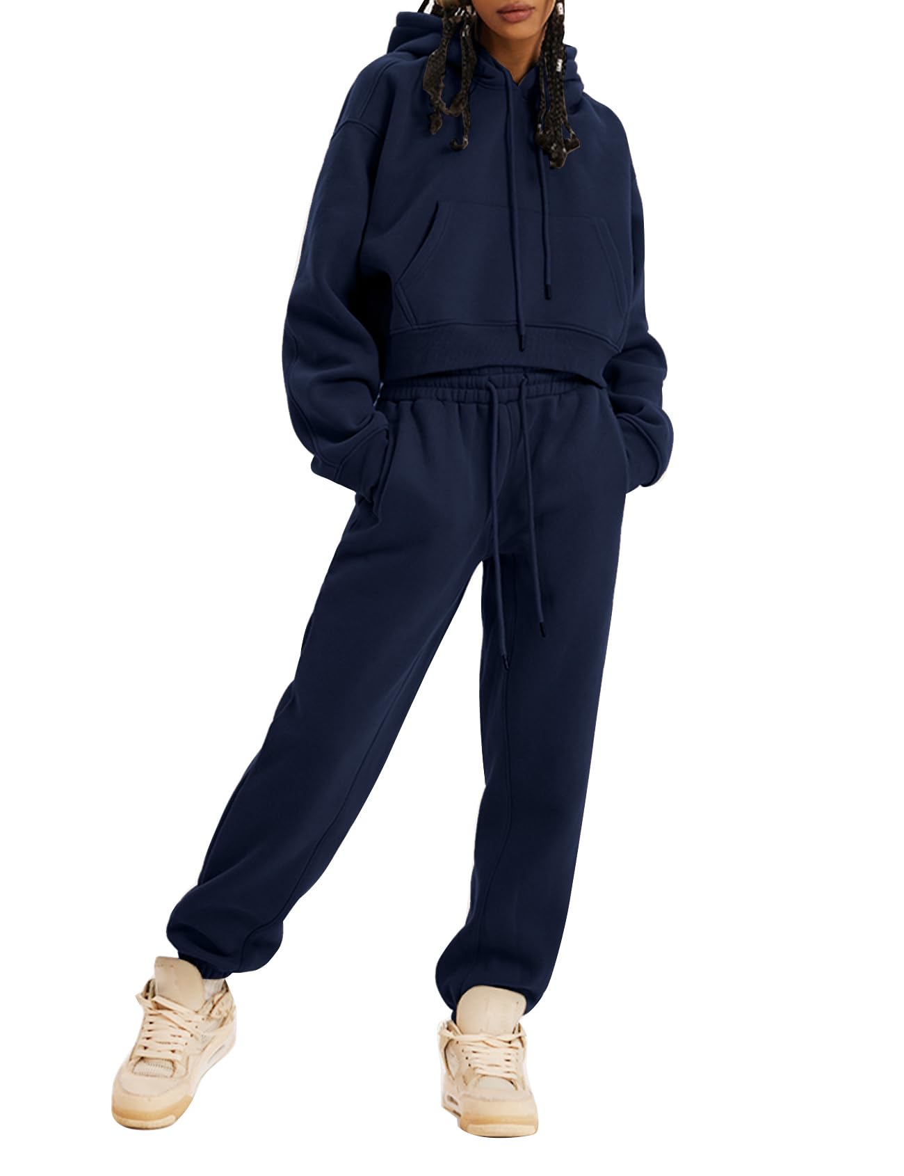 COZYPOIN Damski polar 2-częściowy strój dresowy krótki top i spodnie bluza z kapturem zestaw dresowy