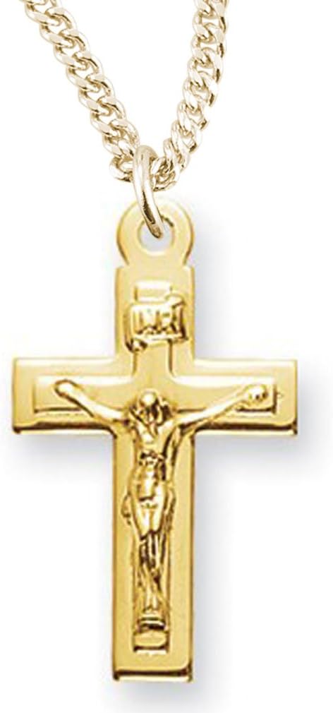 Heartland Store Girl's 16kt Gold Over Sterling Silver Squared Crucifix Pendant + 13 Inch Gold Plated Chain & Clasp| USA Made