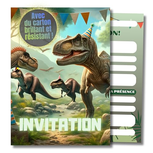 HIDEBLOOM Carte Invitation Anniversaire Garçon Dino - 12 Pièces - Format DIN A6 (10,5 cm x 14,8 cm) - Carton Invitation Anniversaire Enfants- Cartes...