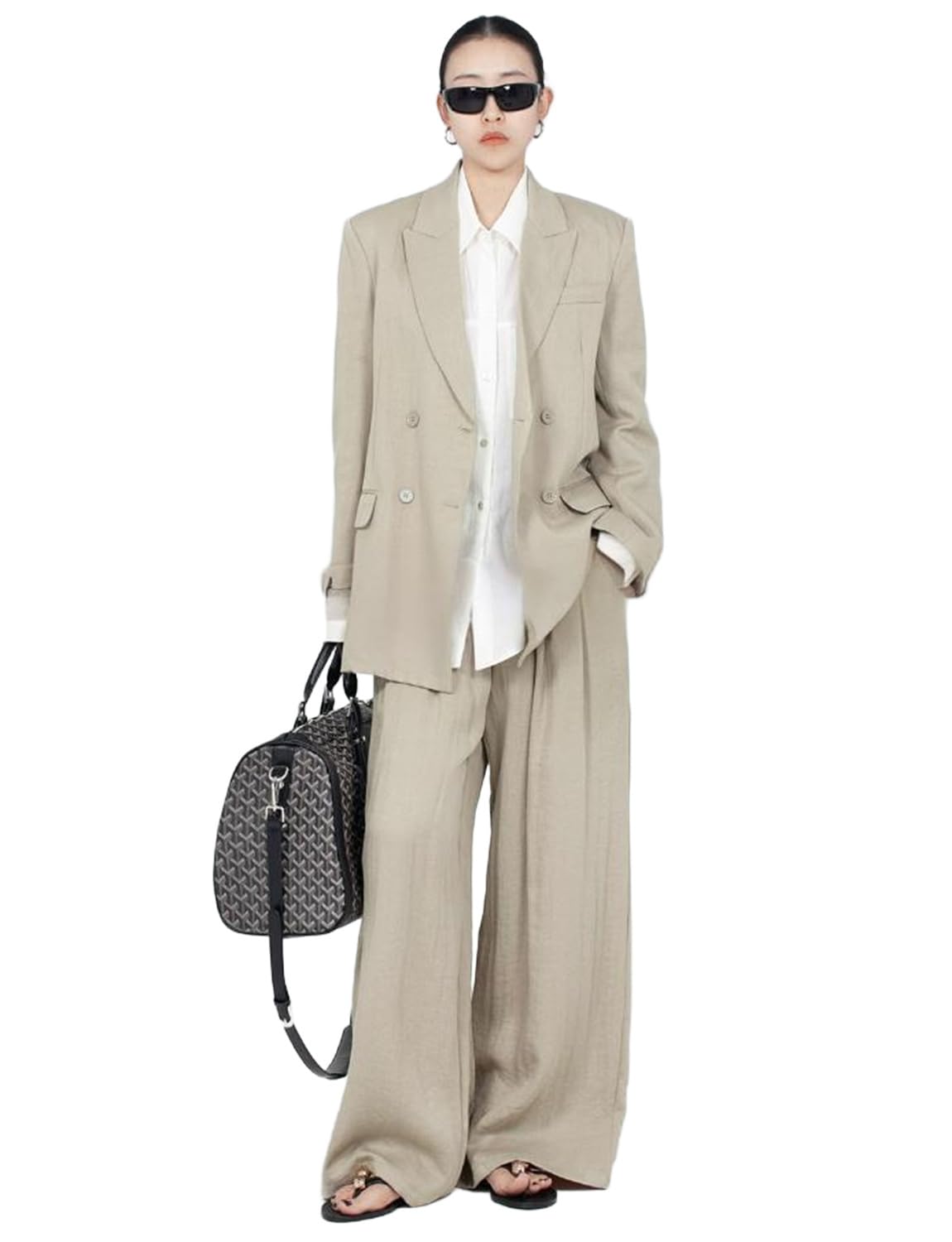 Womens Linen Suit Two-Piece Peak Lapel Double Breasted Buttons Tuxedos Leisure Dinner