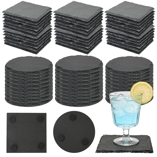 Wpokke Schiefer Untersetzer 60 Stück 10x10 cm Schwarz Steinuntersetzer Set Schieferplatte Glasuntersetzer mit Kratzfester Unterseite für Kaffee Bar Küche Heimdekoration 30 Eckig und 30 Rund