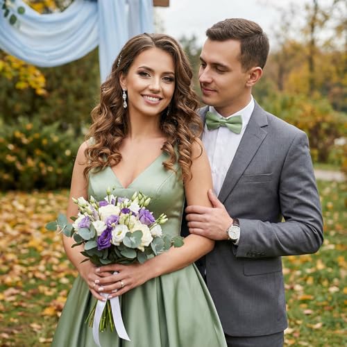 Image of HISDERN Bow Ties for Men Solid Color Pre-Tie Bow Tie and Pocket Square Set Classic Formal Tuxedo Bowties for Wedding Party