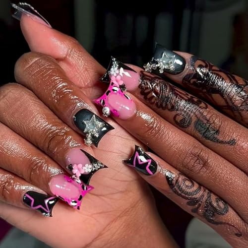 Image of Black Press on Nails Duck Fake Nails with Star Design French Tip Nail Press ons Glossy Stick on Nails Reusable Artificial Acrylic Full Cover Short Nail press ons for Women Manicure 24Pcs