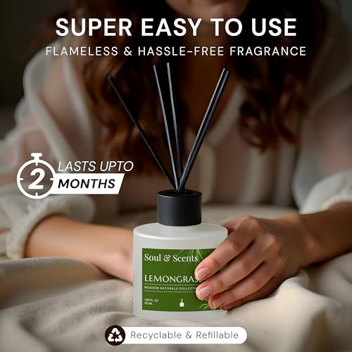 Image of Soul & Scents 50ml Lemongrass Reed Diffuser Set | A Fusion of Zesty Lemon & Lemongrass | Get 5 Rattan Reed Sticks | Smoke Less Room Freshener for Home, Bedroom, Living Room & Office