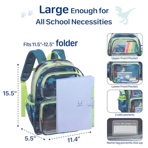 Bagseri Clear Backpack for Kids - 15 Inch Clear Bookbag for Boys Aged 3 to 8 Heavy Duty Transparent Backpack for School, Safe Reflective Strip, Cute Fabric Back Panel, Green Dinosaur3