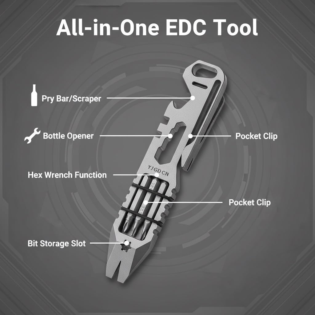 Titanium Multifunction Pry Bar, EDC Pocket Tool with Screwdriver Bits & Bottle Opener, Keychain Portable Camping Survival Tool for Outdoor Hiking, DIY Repair, and Everyday Carry