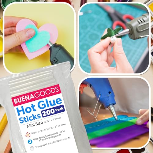 Buena Goods 200 Pack Mini Hot Glue Sticks for Mini Hot Glue Guns - 4\" x 0.27\" - Strong Bond, Craft on Metal, Paper, Glass, Wood, & More - Quick Drying, Strong and Transparent Glue Sticks Bulk - Thumbnail 3