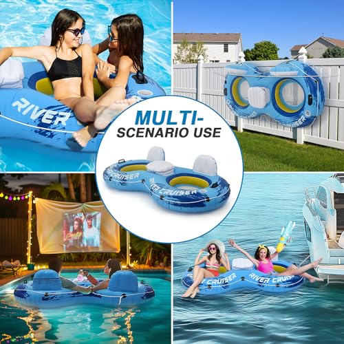 Sunrio Heavy Duty 2 Person River Tubes for Floating with Cooler Inflatable Floating Lounger Premium Water Rafts Pool Float Above Lake and River for Adults Double Blue White