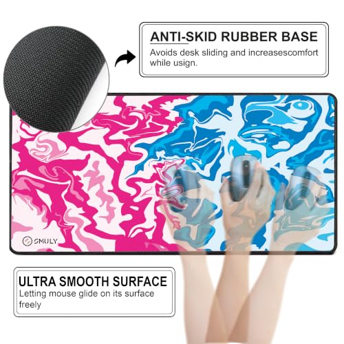 Image of Pink Blue Fluid Art Large Desk Mat, Extended Mouse Pad 58.5 x 28 cm, Desk Pad, Washable Mousepad, 2mm Thick Non-Slip Rubber Base, Stitched Edges for Office, Home & Workstation (Multicolour)