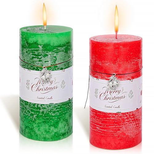 2 Pack de bougies de Noël parfumées Cadeaux pour femme Grandes bougies rouges et vertes parfumées Pilier Longue combustion Bougie de dîner naturelle en cire de soja Aromathérapie pour anniversaire
