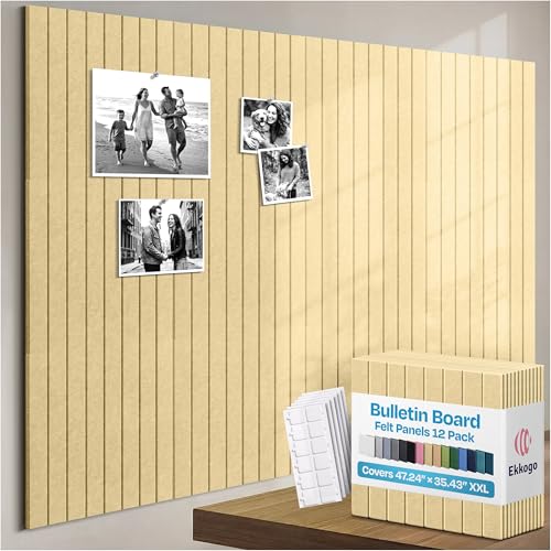 Image of X-Large Cork Board Alternative 12-Pack Felt Bulletin Board Thick and Decorative Pin Board for Home Office Walls 47.24 x 35.43 Inches with 72 Adhesive Tabs - [Cancun Sand]