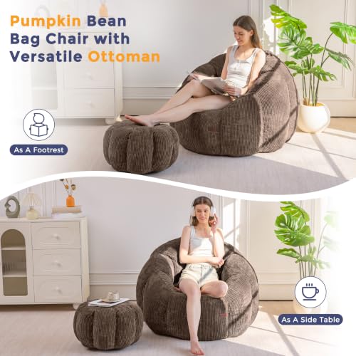 Image of MAXYOYO Bean Bag Chair with Ottoman, Giant Pumpkin Lounge Chair for Adults | Oversized Bean Bag Chair with Footstool, Comfy and Lazy Lounge Boneless Chair for Dorm, Living Room, Bedroom, Brown