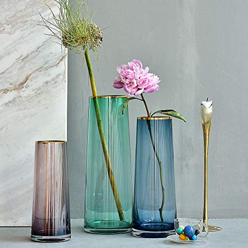 Vase Flower Arrangement Optic Color Glass Vases with Golden Rim Decor Table Centerpieces Trumpet Shape Accent for Dining Living Room Wedding Gift, 10.6'' H x 3.9'' D, Blue - Image 3
