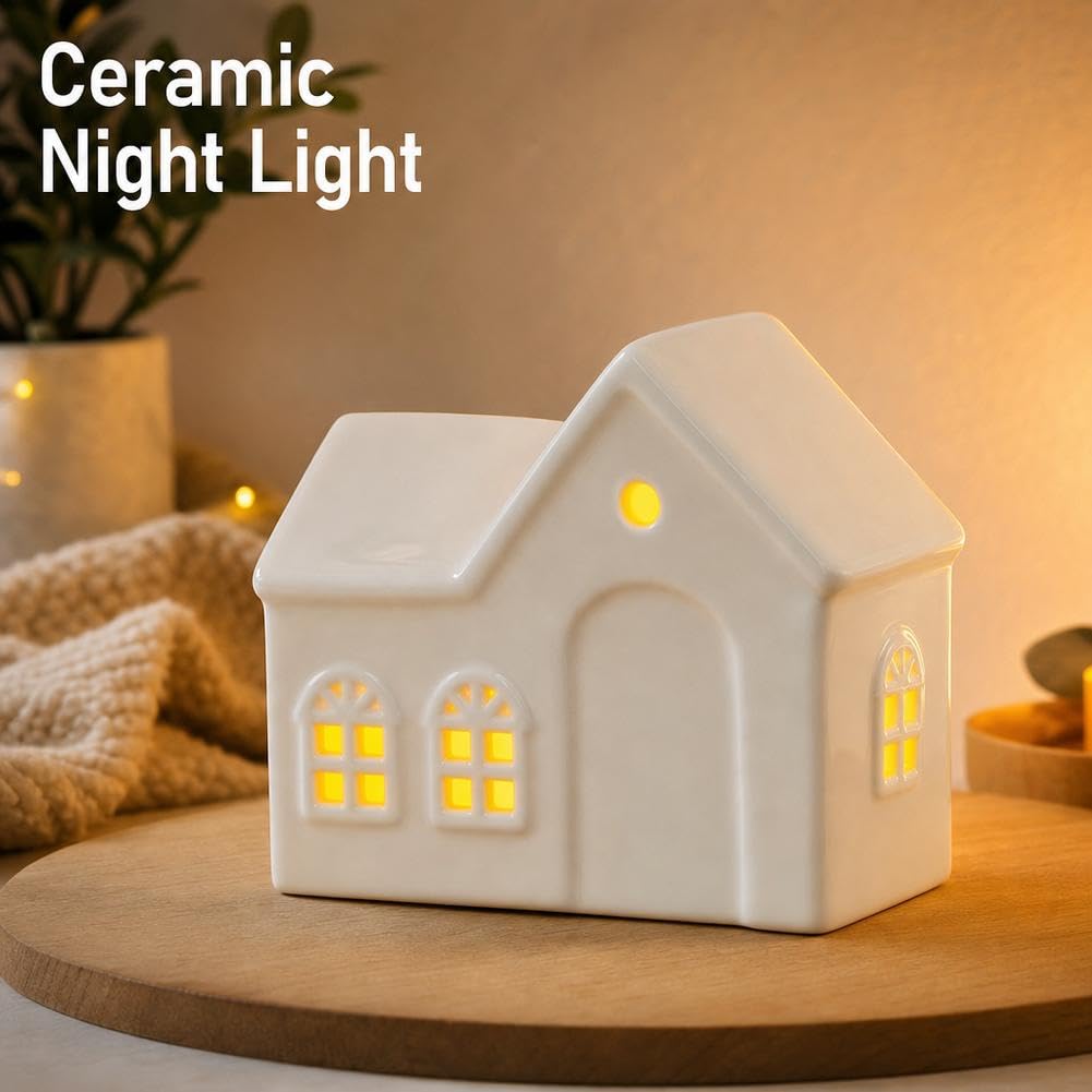 Casas de pueblo de Navidad de cerámica blanca, figuras de porcelana con luz LED, para mesa de casa pequeña y árbol de Navidad, colección de escenas de ciudad de Navidad para el hogar, estante, armario