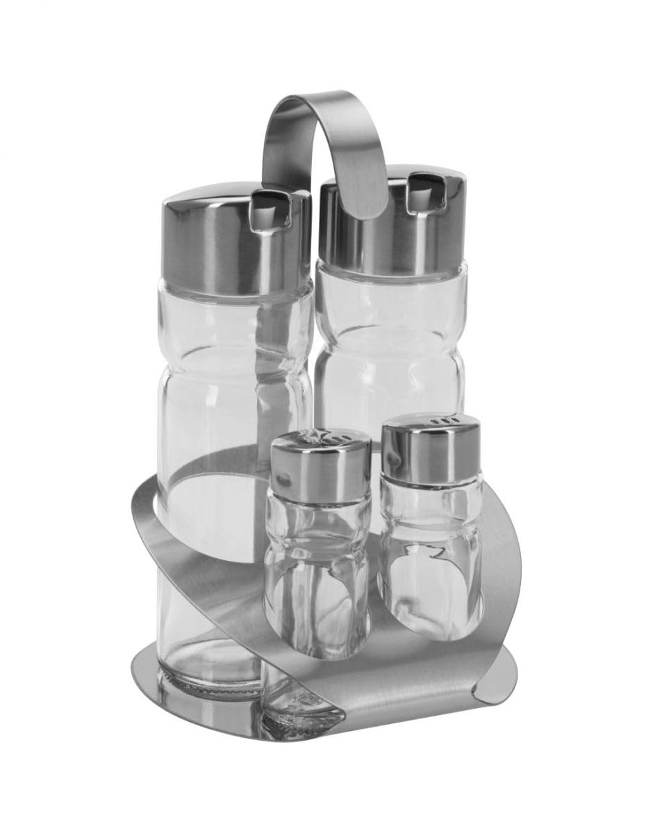 MGE - Set Olio e Aceto con Sale e Pepe - 4 Pezzi con Supporto in Acciaio Inox - Bottiglie in Vetro Ricaricabili Antigoccia - Elegante per Cucina e Tavola