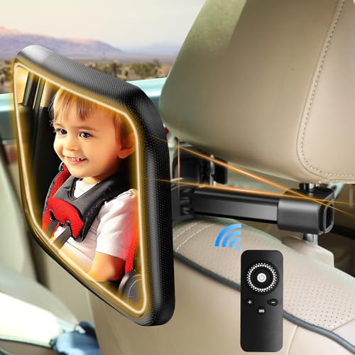 Image of Baby Car Mirror Rear Facing - Shatterproof Large Auto Mirrors with Light for Viewing Infant Safety in Back Seat, 360° Adjustable Clip On Mirror with Wide Angle
