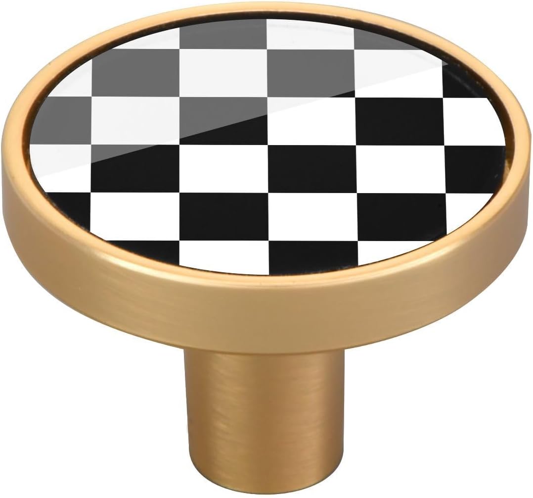 Checkered Black White Grid 32mm Pull Handles for Cabinets Drawers 4 Pack Dresser Golden Metal Knobs