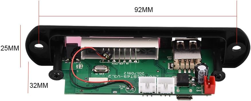Dimensions of the Sanpyl Bluetooth MP3 Decoder Board showing length, height, and depth measurements.