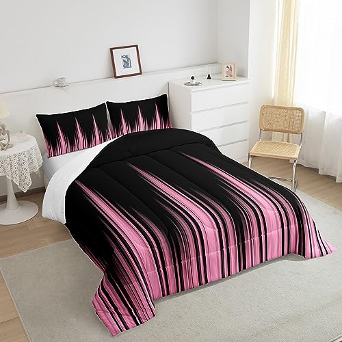Image of Feelyou Ombre Comforter Queen, Pink Ombre Comforter Set for Kids Boys Girls Abstract Pink and Black Comforter Geometrics Lines Duvet Set with 2 Pillow Case