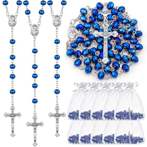 ROCEEI 12 Pcs Catholic Rosary Beads Necklace with Jesus Crucifix Catholic Rosary Prayer Gifts with White Organza Bags