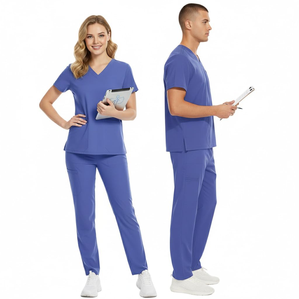 Conjunto de Pijama Quirúrgico de Manga Corta Unisex Top con Cuello en V y 2 Bolsillos Pantalón Recto con Cintura Ajustable Uniforme Médico DK86