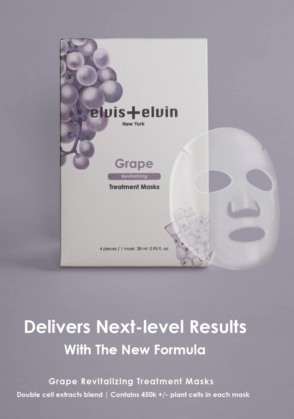 elvis+elvin Grape Revitalizing Treatment Mask (4 pieces box) promotes radiance, offers antioxidants, aids in detoxification, supports age defense, and combats photo-aging.