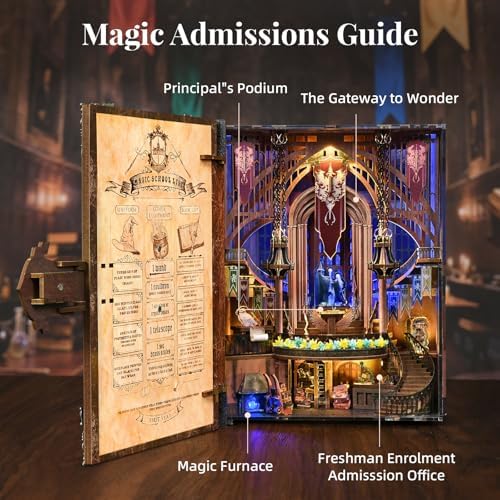 MiniCity Book Nook Kit, DIY Miniature Dollhouse Booknook Kit, 3D Wooden Puzzle Bookend Bookshelf Insert Decor with LED Light and Dust Cover for Teens and Adults (Magic Admissions Guide) - 5