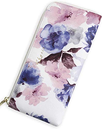 Vegan Leather Botanical Floral Slim Wallet for Women Card Coin Purse Flower - Blue
