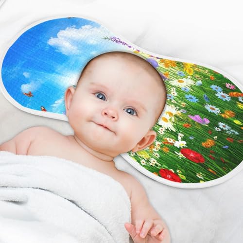 J JOYSAY Flower Meadow Sunny Blue Baby Burp Cloths for Boys Girls Large 22''x11'' Cotton 4 Layer Burp Cloths Pack for Boy Spit Up one sizex24